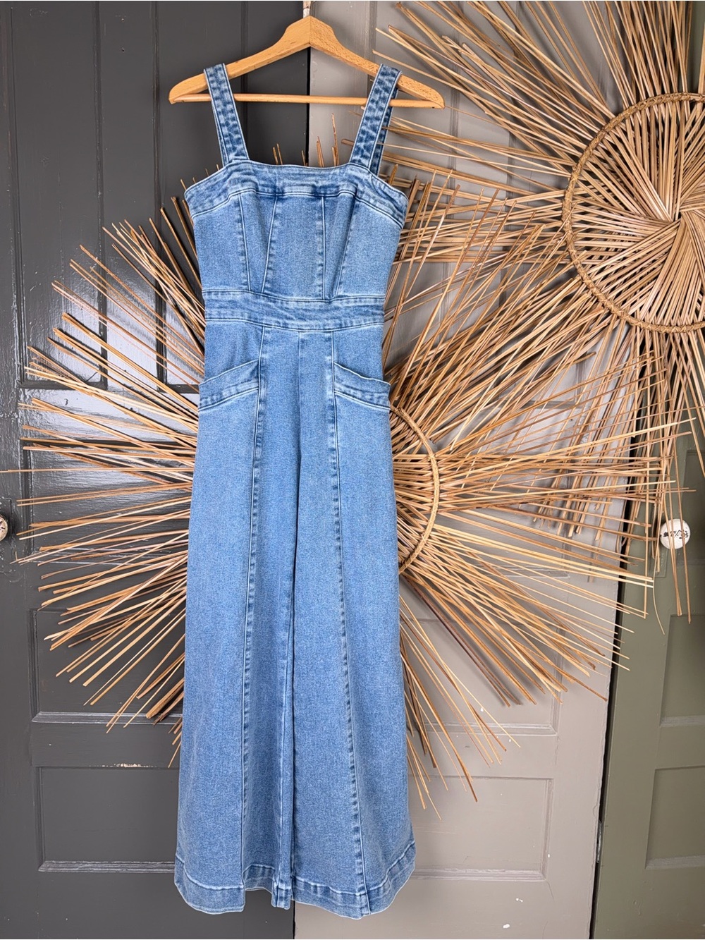 Forever 21 Blue Denim Wide Leg Retro Jumpsuit Overalls Cotton Stretch Small